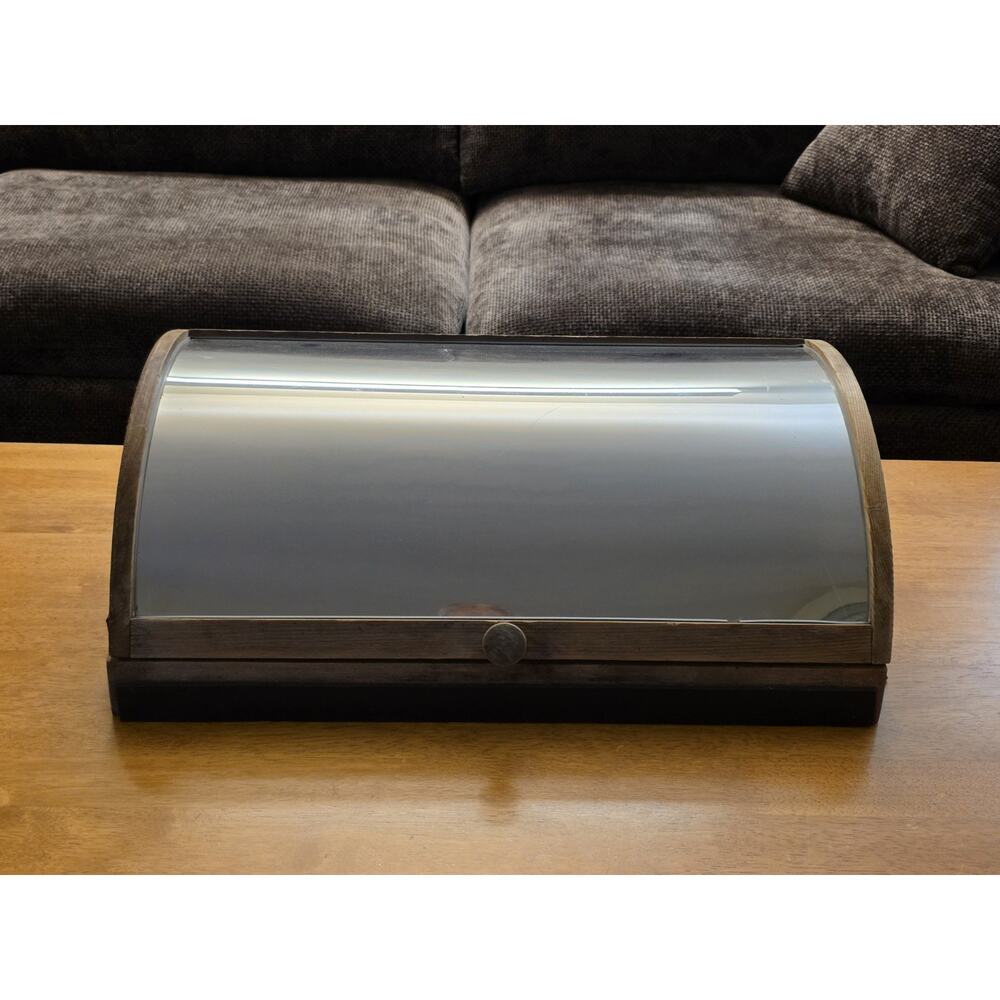 Antique Wood General Store Display Cabinet Bowed Plastic Mirrored Door Country